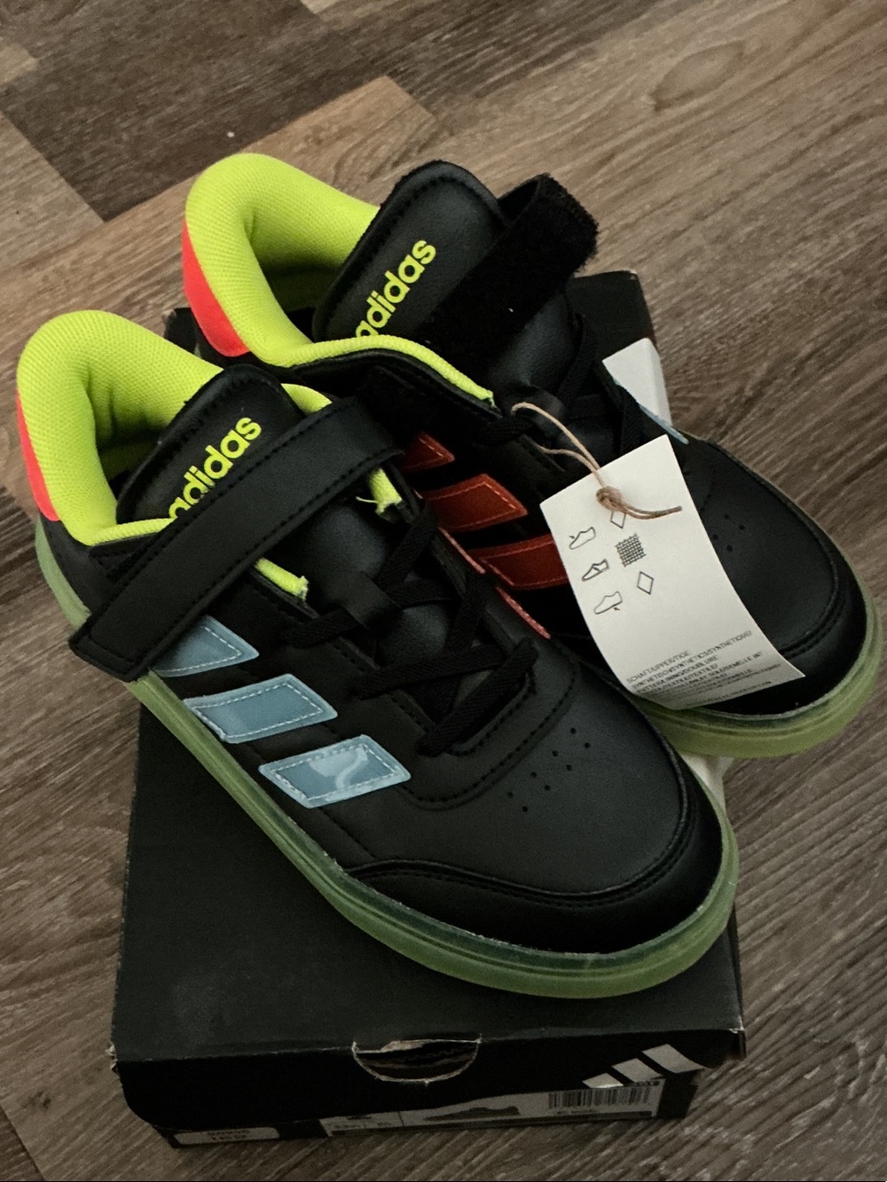 adidas Kids Black Sneakers with Lime, Red & Light Blue Accents